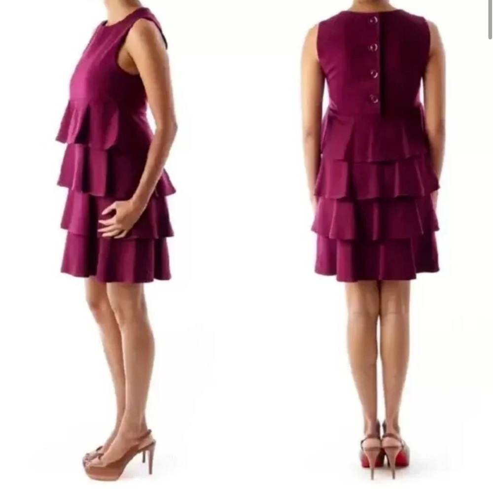Theory Selma Ponte Knit Tiered Ruffle Plum Maroon Dress Small